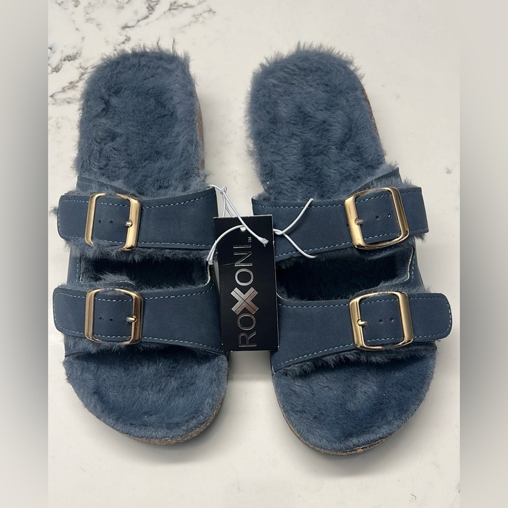 Roxxoni Furry Buckle Slide Sandals in Blue